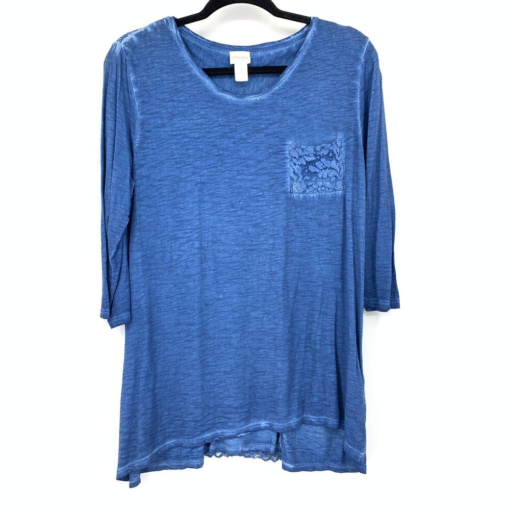 Chico's Tunic Top Womens 2 US L Blue Lace Details Lagenlook Relaxed 3/4 Sleeve